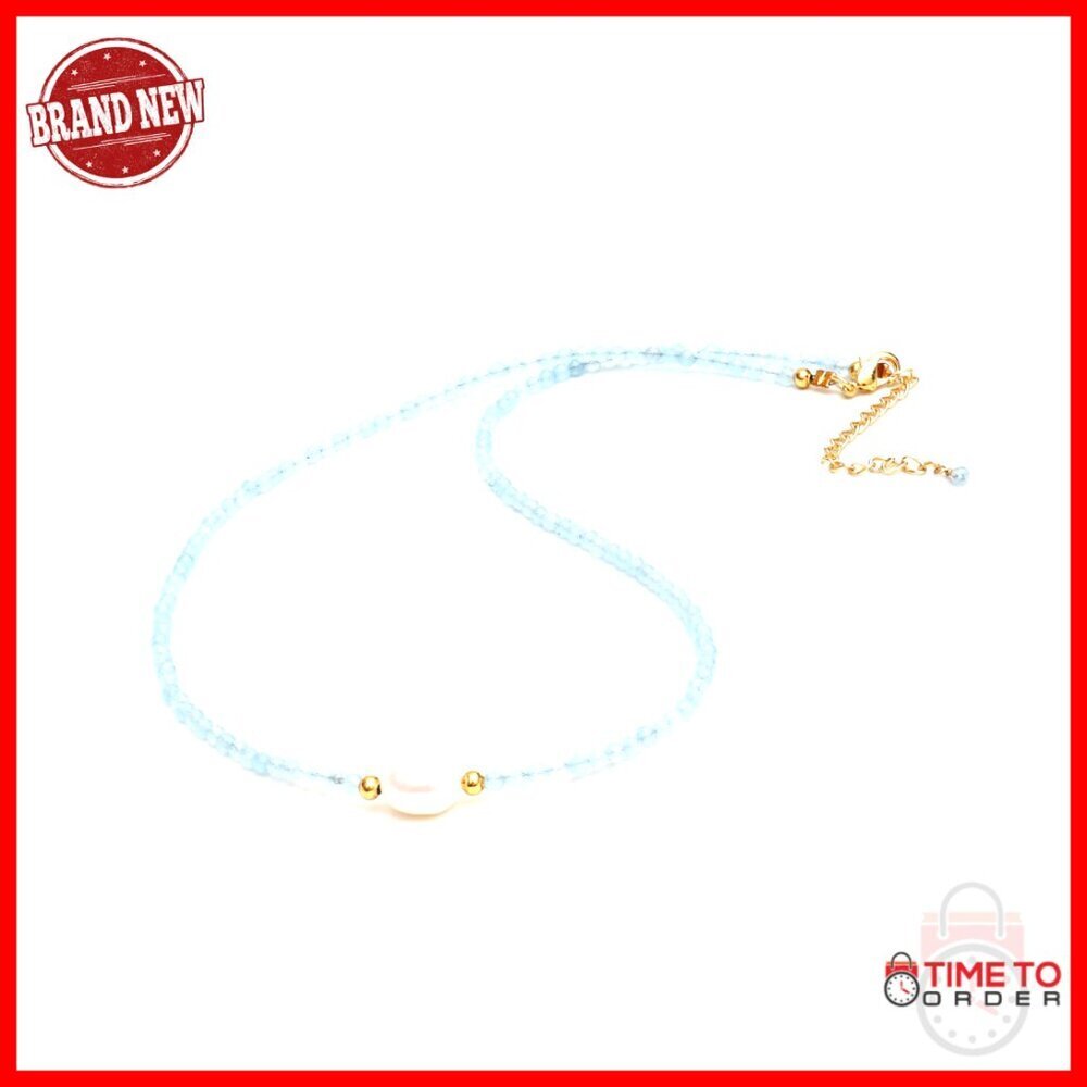 Aquamarine Gemstone Beaded Necklace with Freshwater Pearl Choker